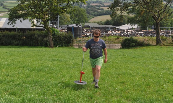A man walking through a grassy field using a plate meter.
